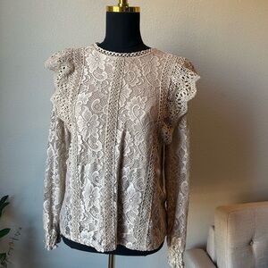 Cable & Gauge Lace Ruffle Shoulder Blouse in Beige